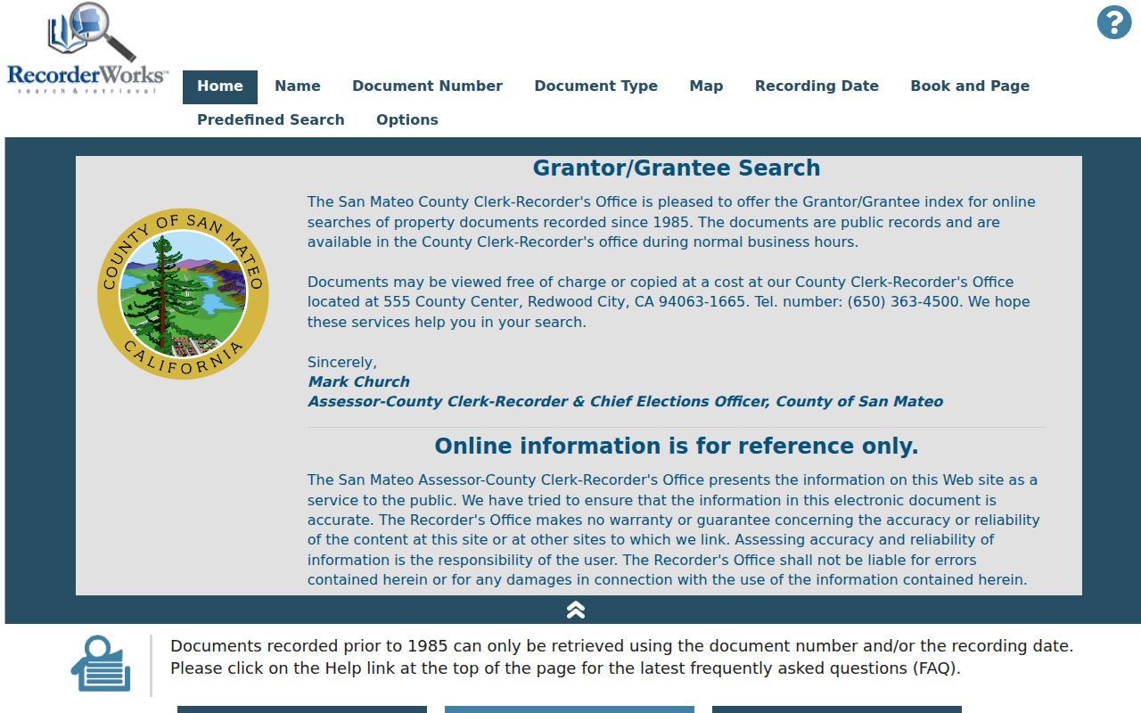 San Mateo County people search fields in RecorderWorks