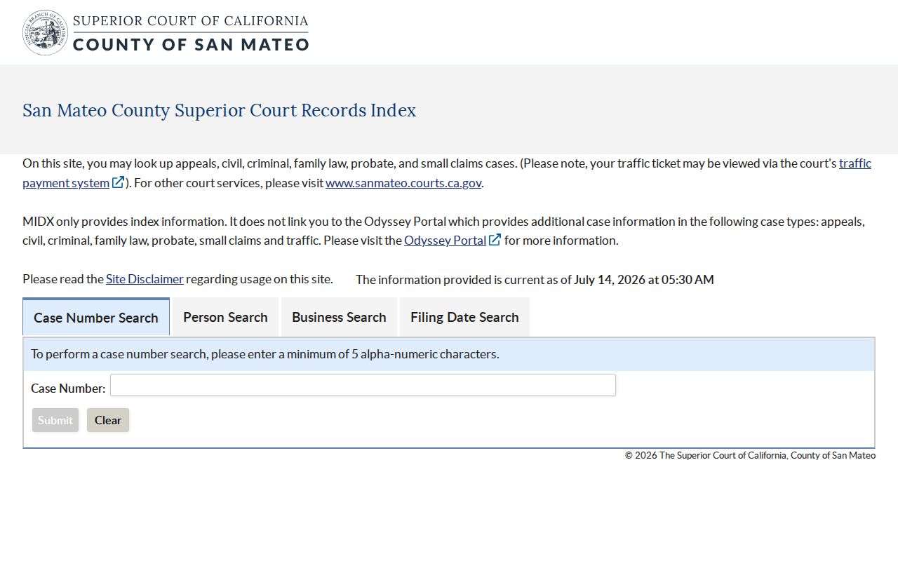 San Mateo County people search by name in the MIDX court index