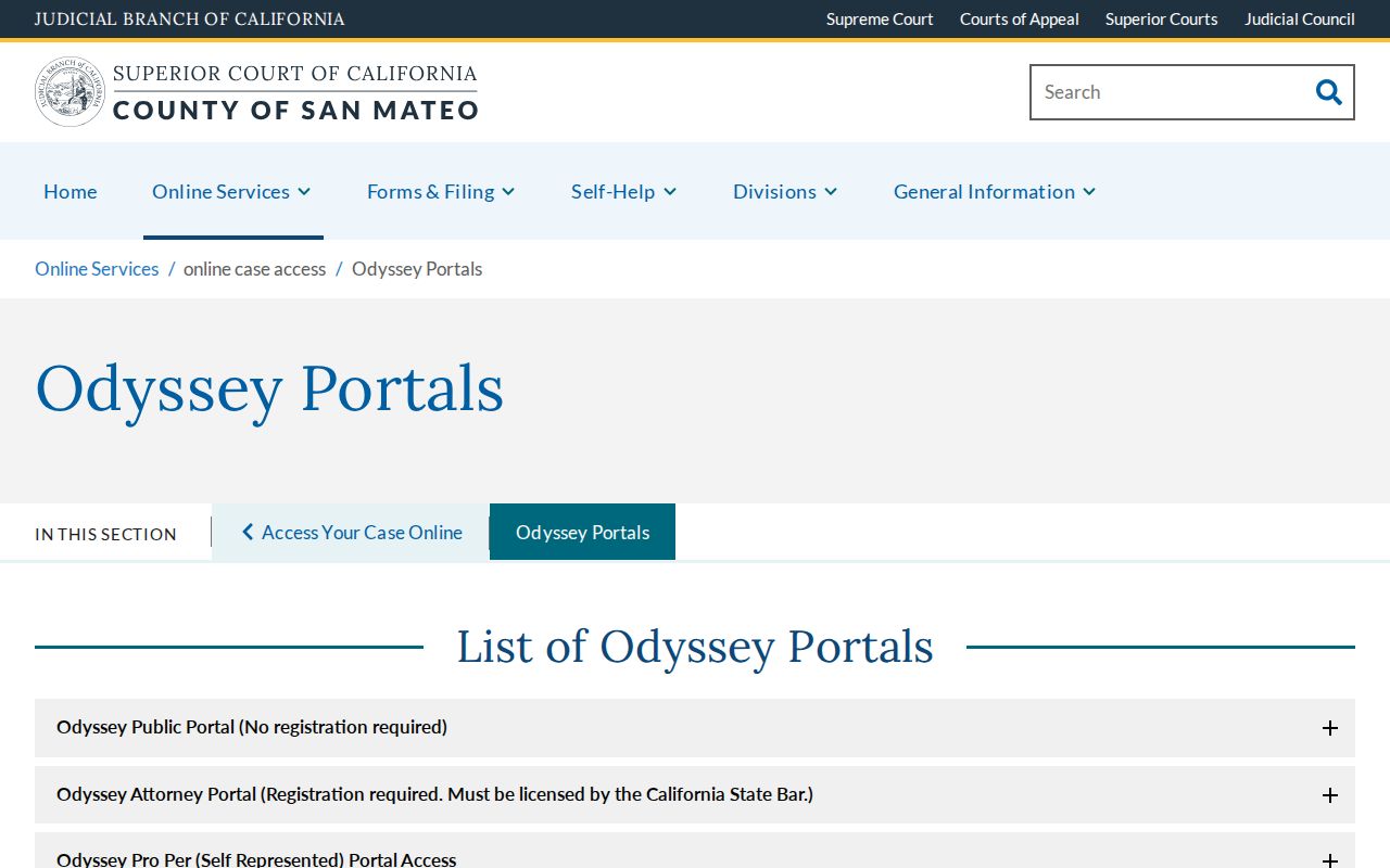 San Mateo County people records available through the Odyssey court portal