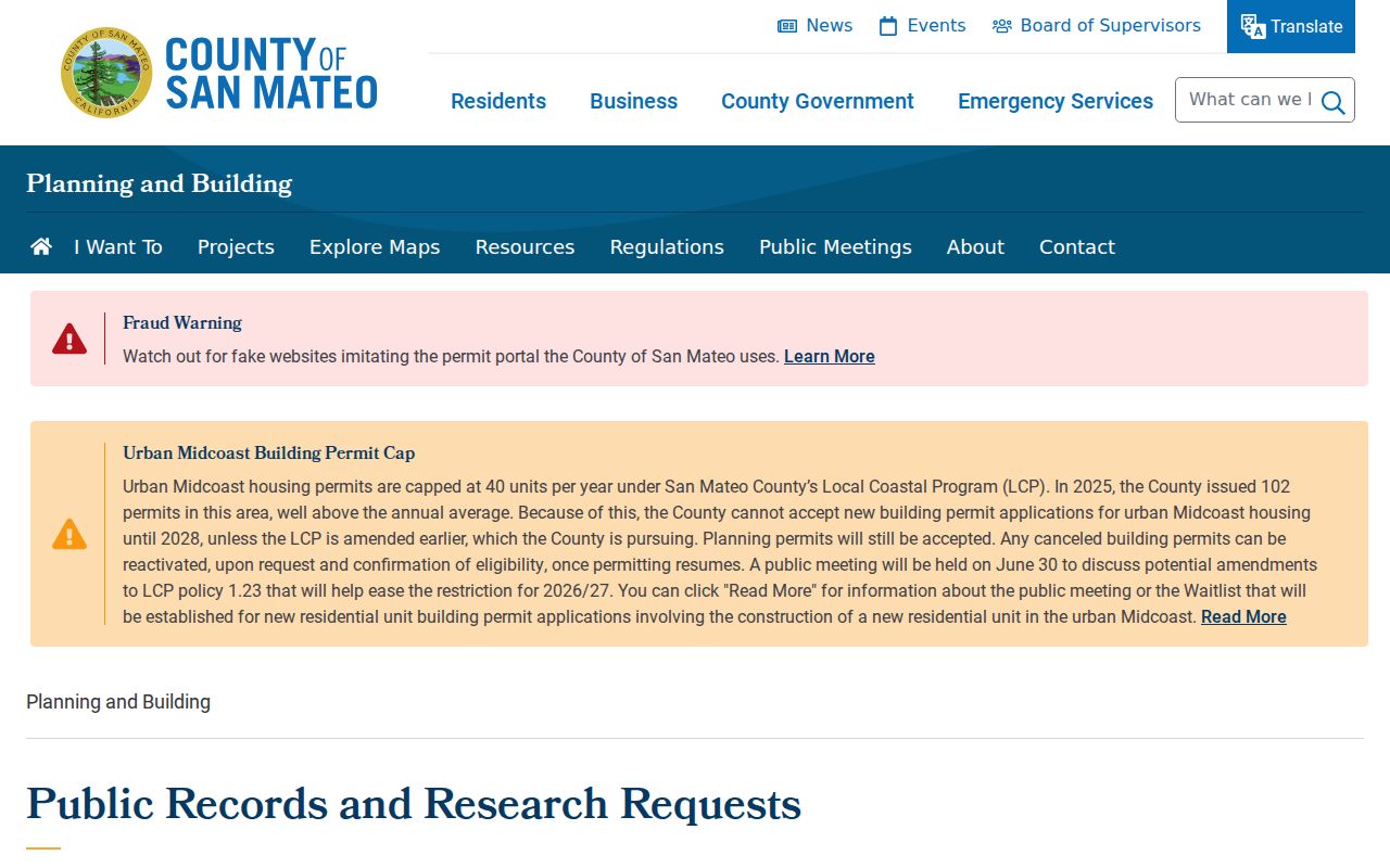 San Mateo County people records request route for planning and building files