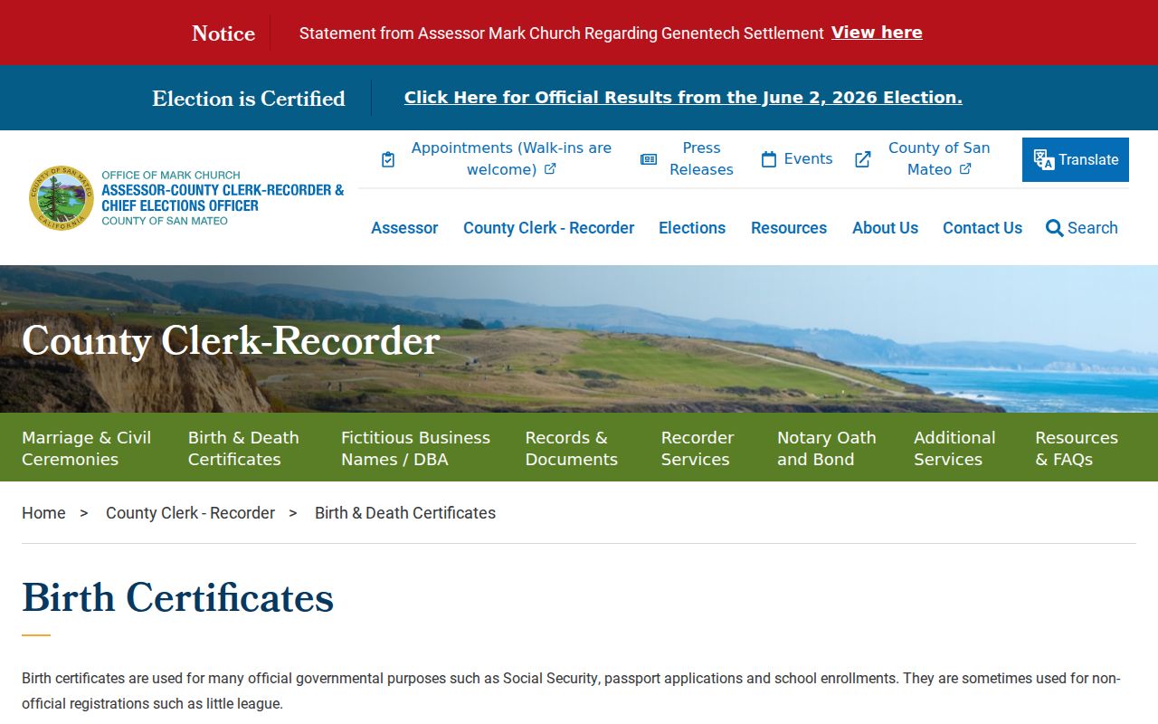San Mateo County people search guidance for birth vital records