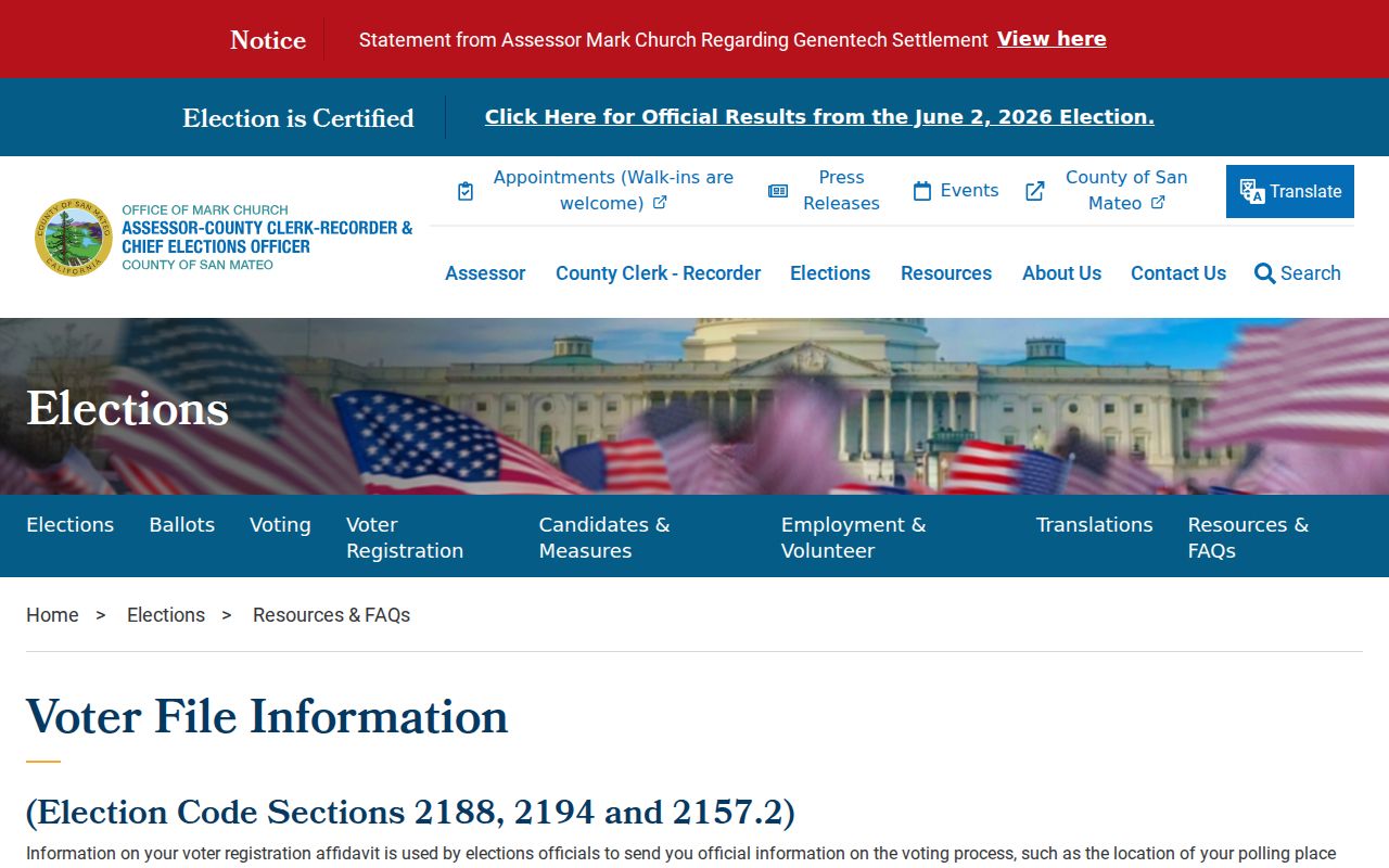 San Mateo County voter registration file rules and fees