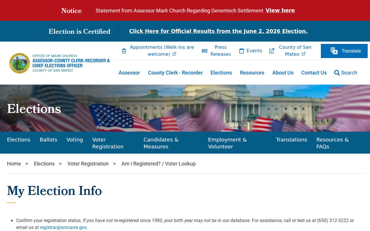 San Mateo County voter registration lookup fields